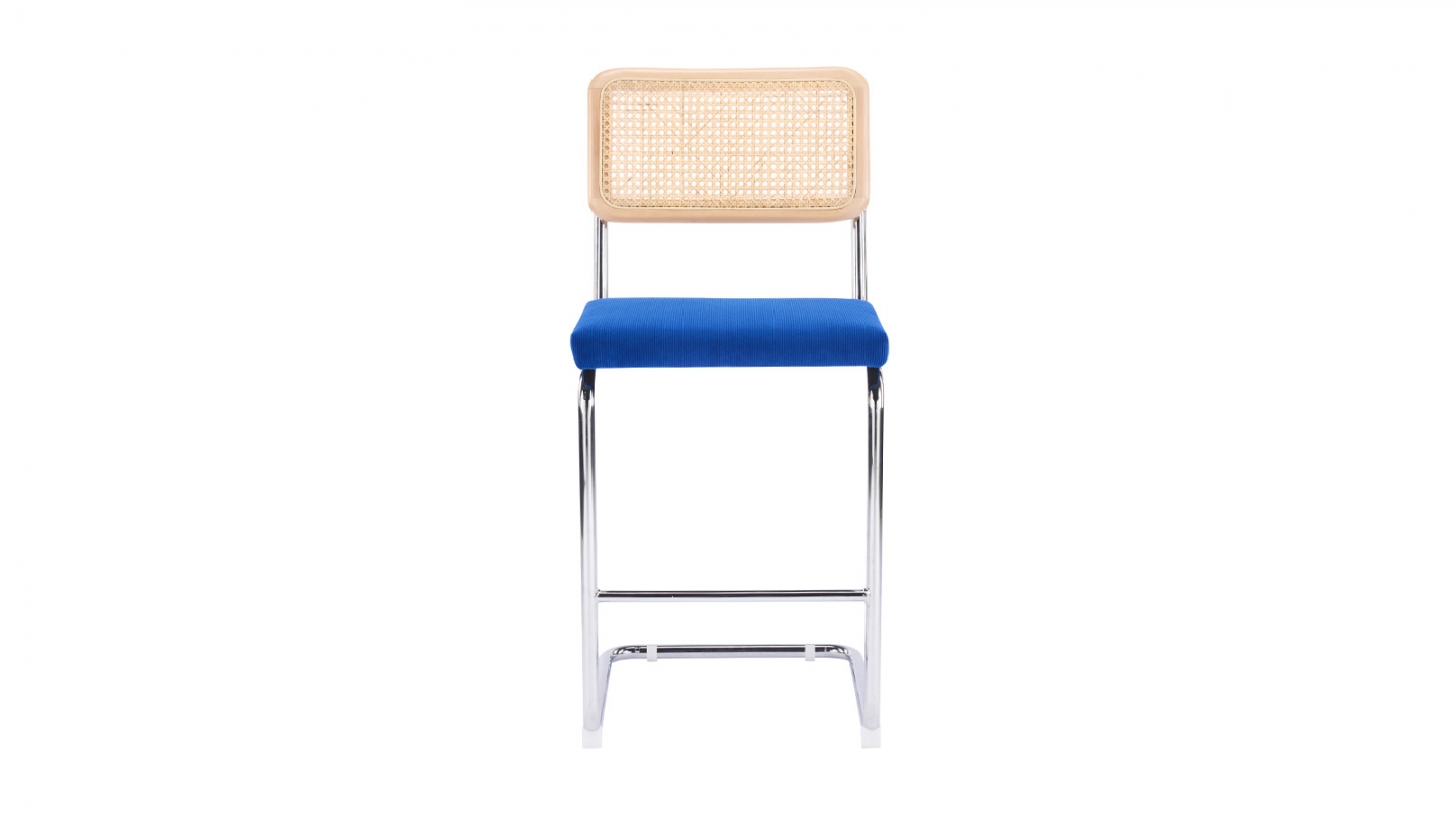 Lot de 2 tabourets de bar en velours côtelé bleu électrique et cannage - Muse