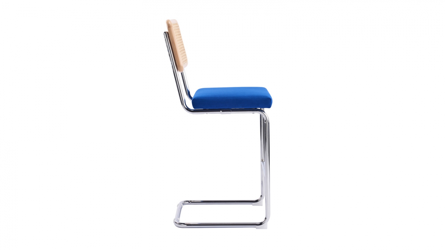 Lot de 2 tabourets de bar en velours côtelé bleu électrique et cannage - Muse