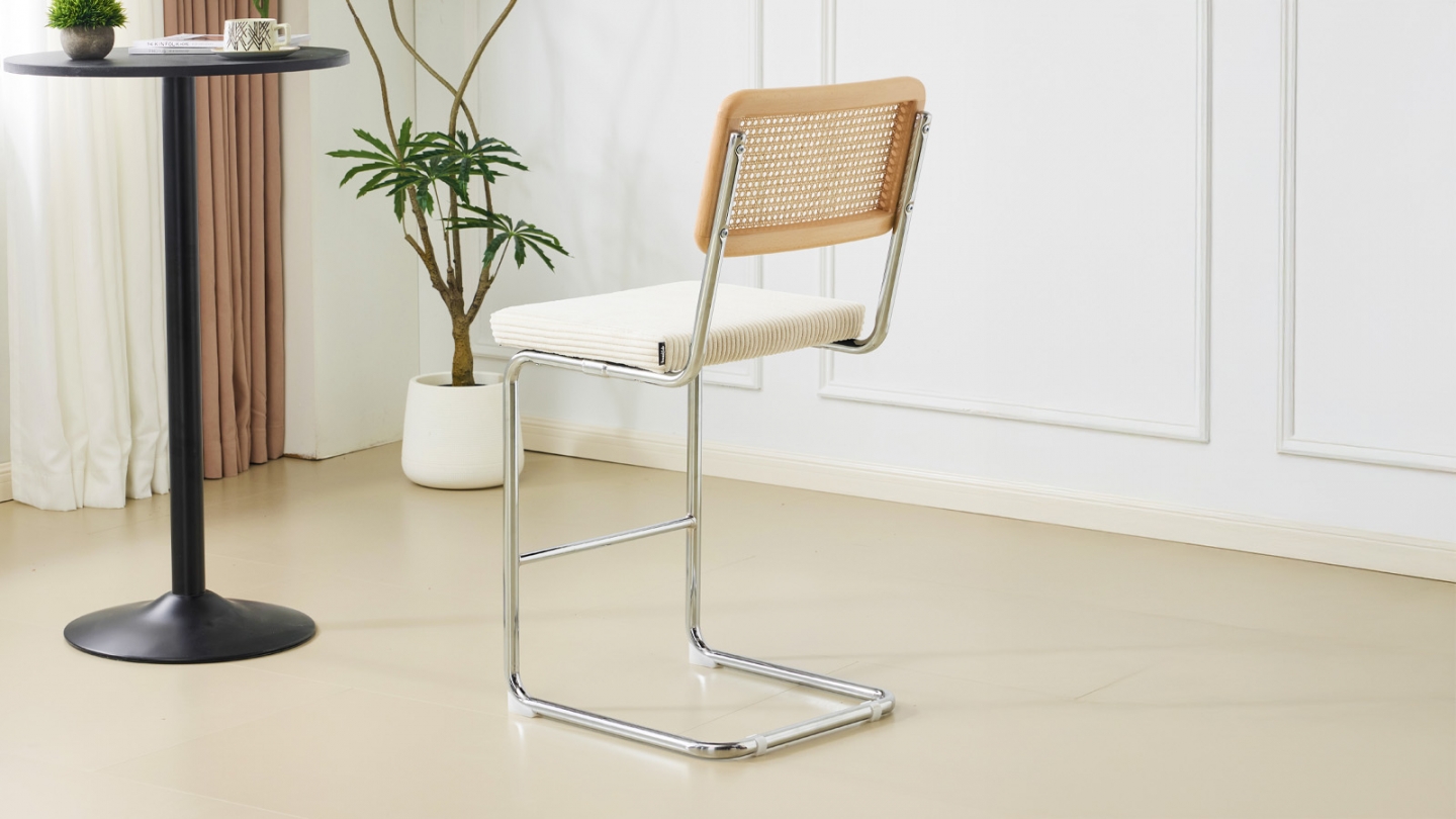 Lot de 2 tabourets de bar en velours côtelé beige et cannage - Muse