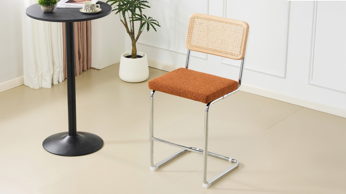 Lot de 2 tabourets de bar en tissu bouclé rouille et cannage - Muse