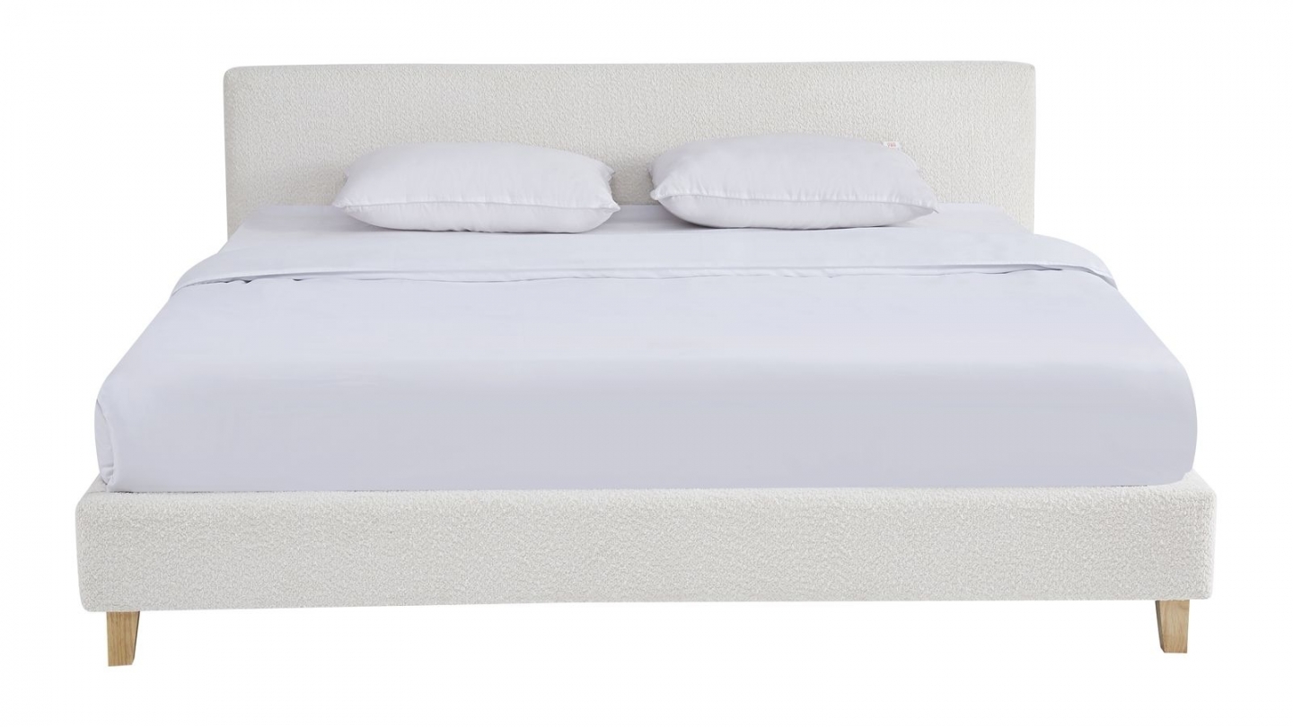 Ensemble Lit adulte 140x190cm avec tête de lit en tissu bouclé beige - Milo + Matelas ressorts ensachés - Spring Elite