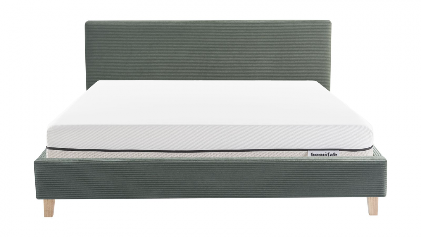 Ensemble Lit adulte 140x190cm avec tête de lit en velours côtelé vert kaki - Milo + Matelas ressorts ensachés - Spring Elite