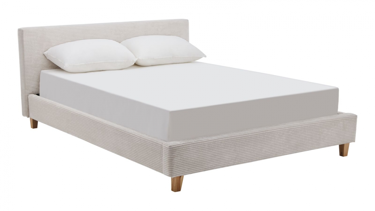 Ensemble Lit adulte 140x190cm avec tête de lit en velours côtelé beige - Milo + Matelas ressorts ensachés - Spring Elite
