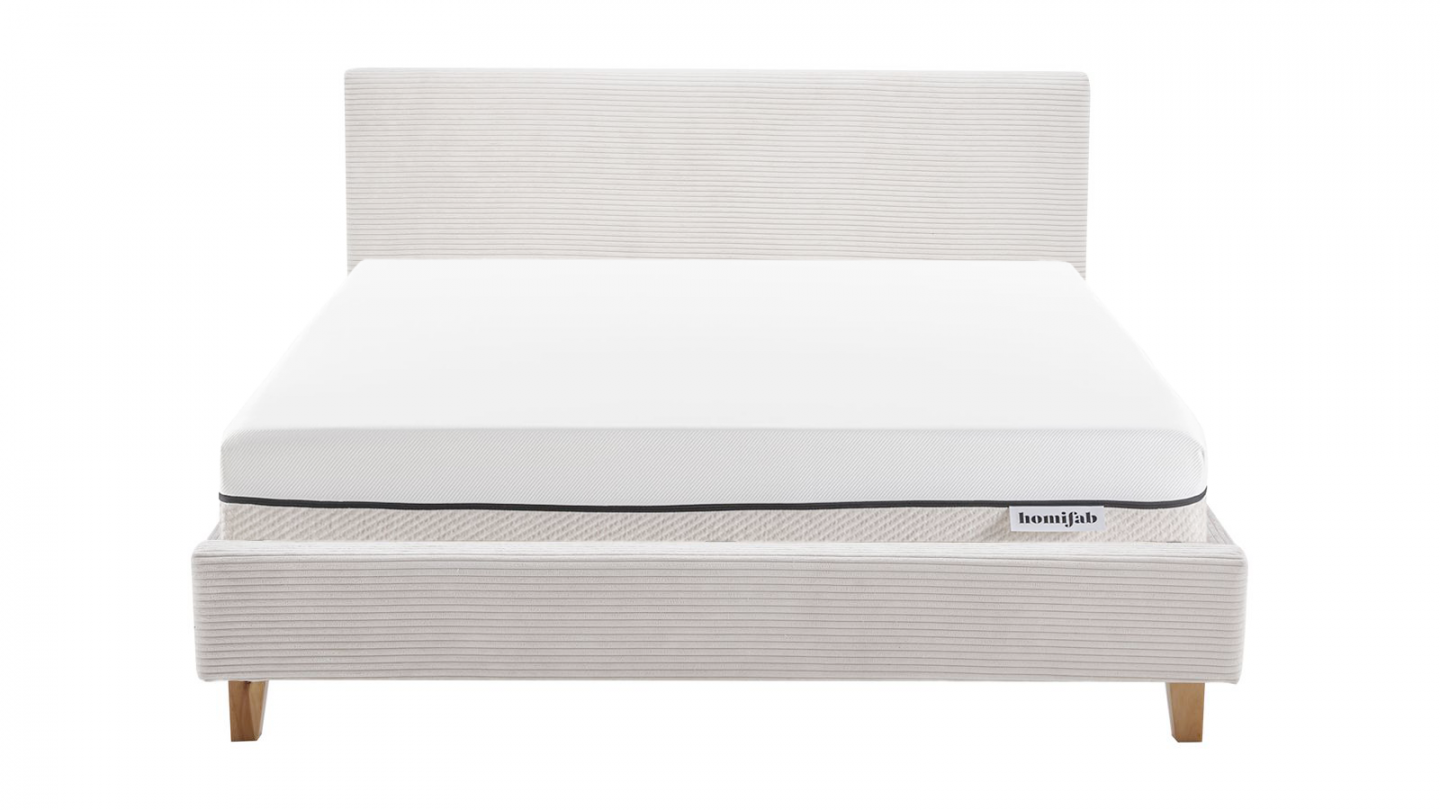 Ensemble Lit adulte 140x190cm avec tête de lit en velours côtelé beige - Milo + Matelas ressorts ensachés - Spring Elite
