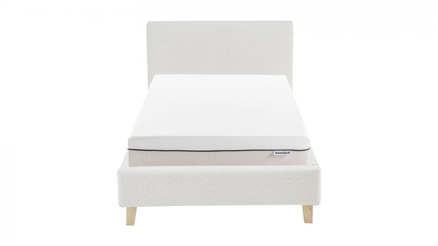 Ensemble Lit adulte 90x190cm avec tête de lit en tissu bouclé beige - Milo + Matelas ressorts ensachés - Spring Elite