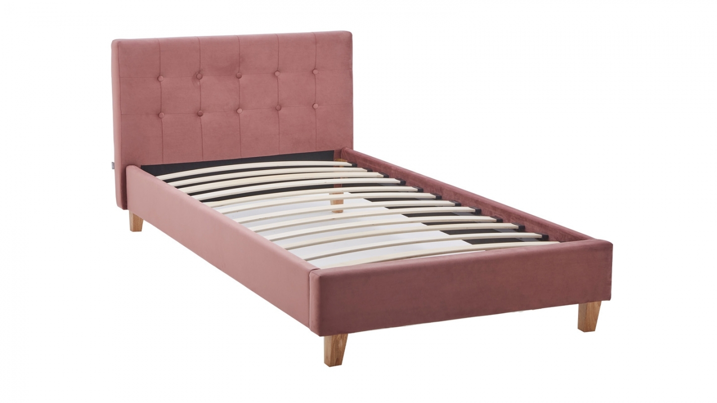Ensemble Lit adulte 90x190cm avec tête de lit en velours vieux rose - Milo + Matelas ressorts ensachés - Spring Elite