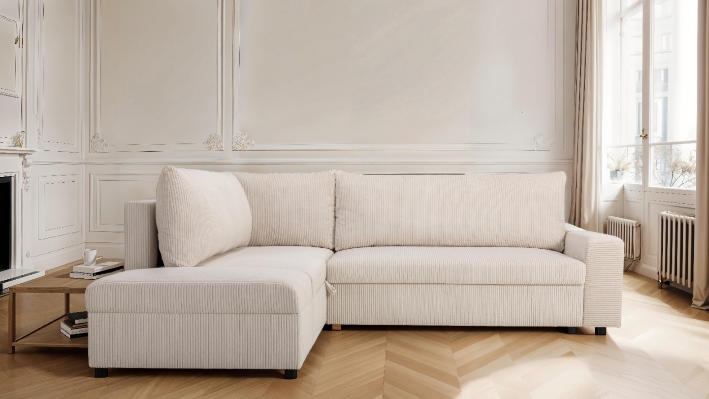 Canapé d'angle convertible réversible 4/5 places en velours côtelé beige - Malte