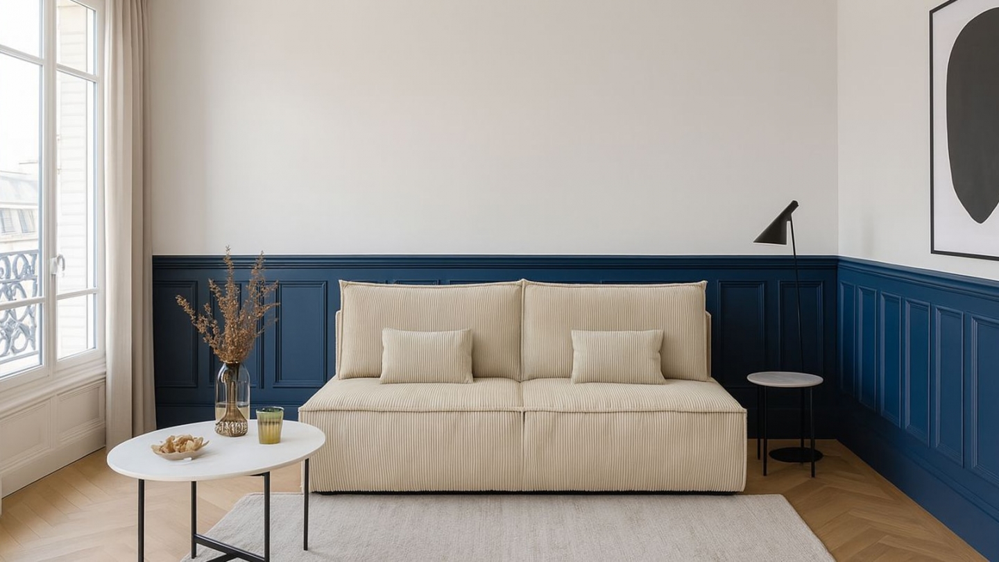Canapé convertible 3 places avec coffre de rangement en velours côtelé beige - Milla