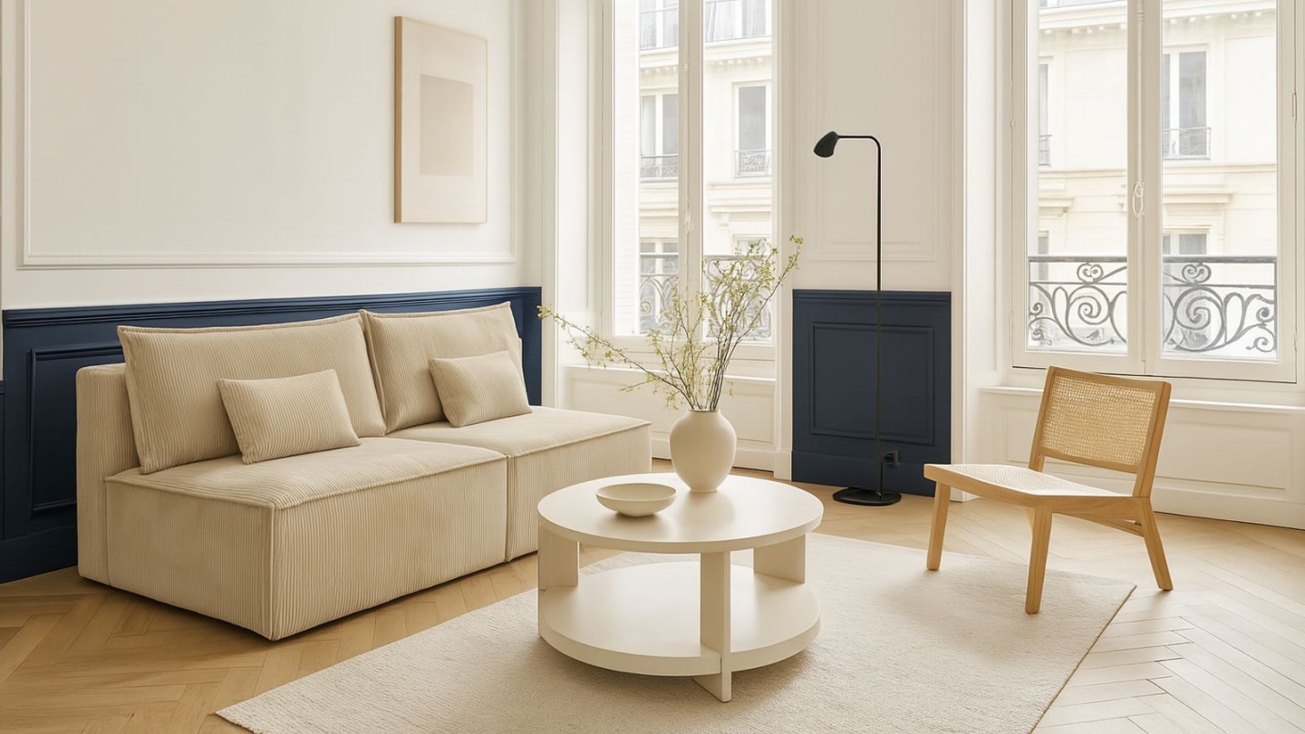 Canapé convertible 3 places avec coffre de rangement en velours côtelé beige - Milla