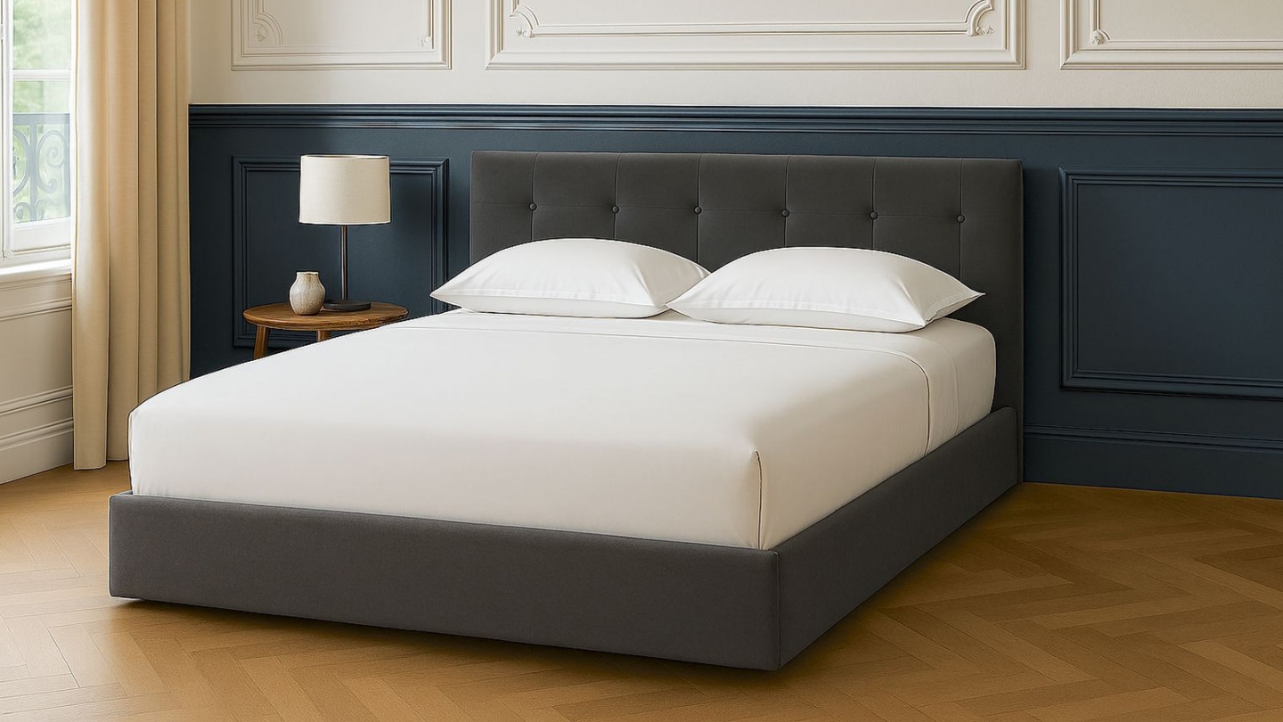 Lit coffre adulte 180x200 cm avec tête de lit capitonnée en velours gris foncé et sommier - Tina