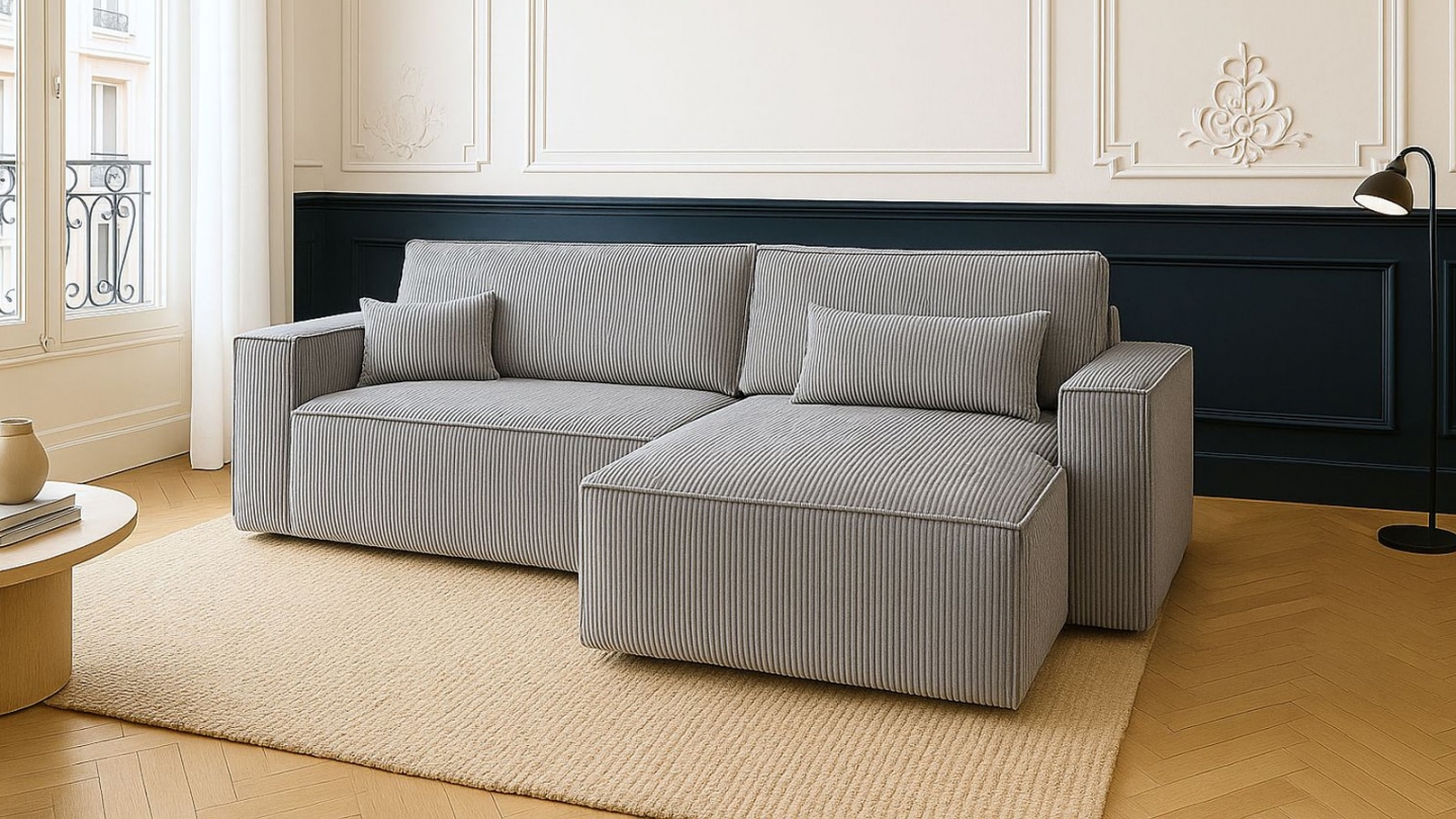 Canapé d'angle convertible réversible 4 places avec coffre de rangement en velours côtelé gris clair - Livia