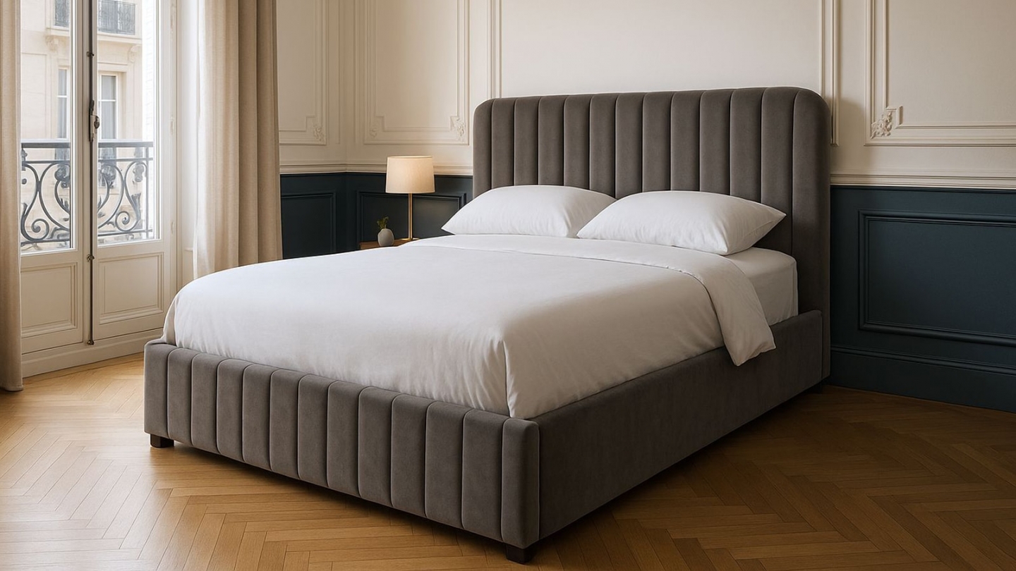 Lit coffre adulte 140x190 cm avec tête de lit capitonnée en velours gris - Ava