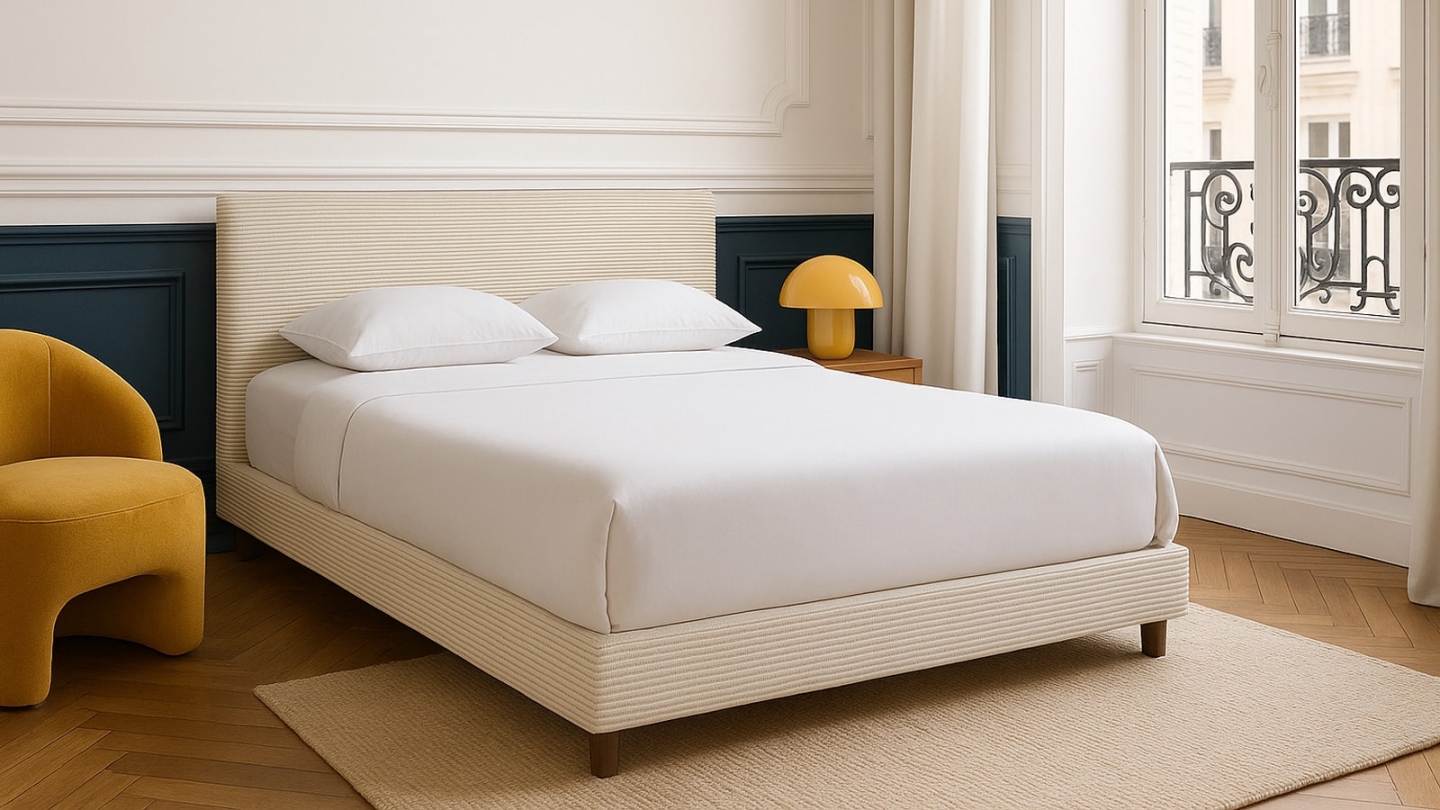Lit adulte 140x190 cm avec tête de lit capitonnée en velours côtelé beige - William