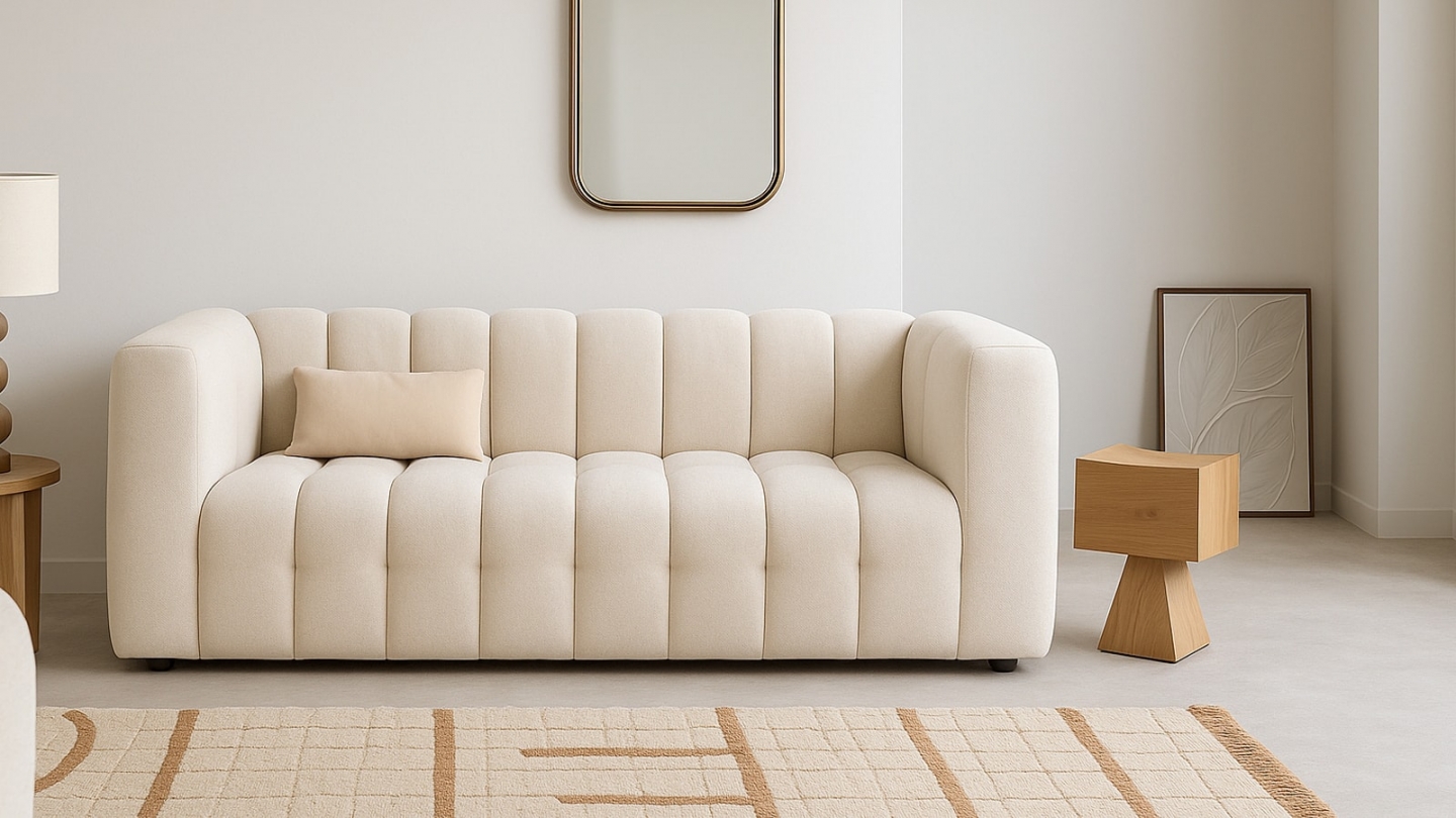 Canapé capitonné 3 places en tissu chenille beige - Cester