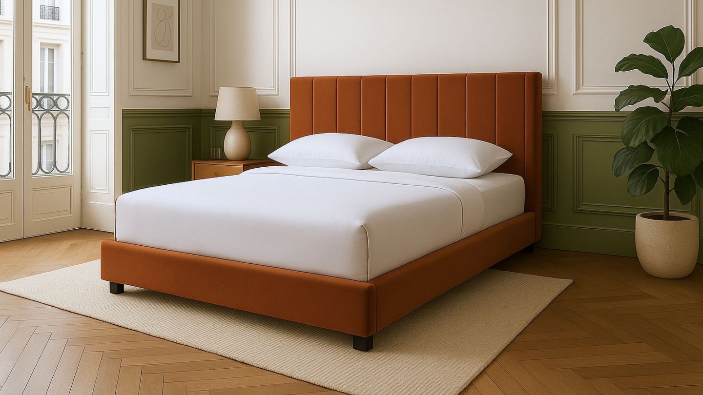Lit adulte 140x190 cm avec tête de lit capitonnée en velours terracotta - William