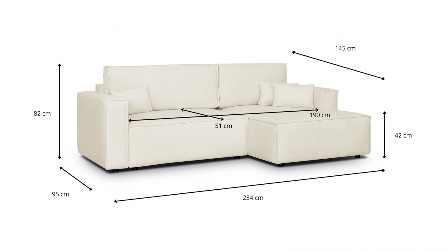 Canapé d'angle à droite convertible 3 places en tissu chenille beige - Asti
