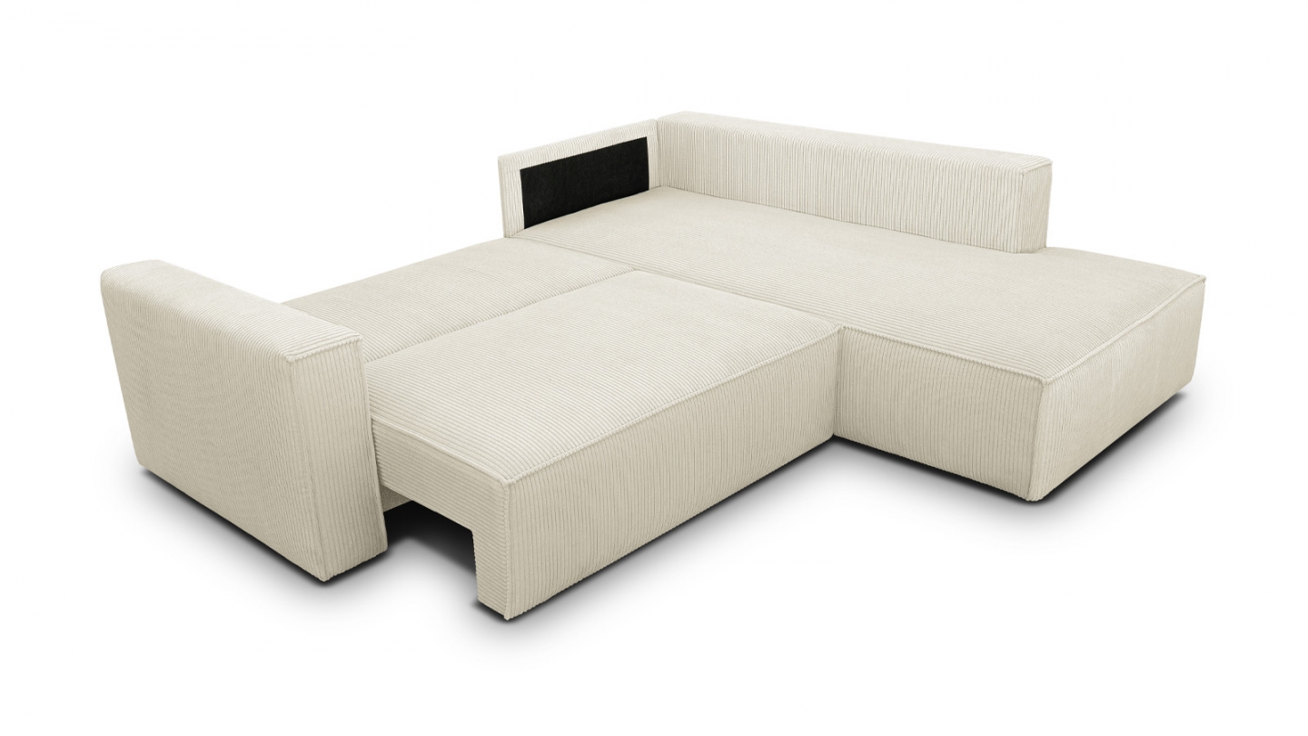 Canapé d'angle ouvert à droite convertible 3 places en velours côtelé beige - Emma