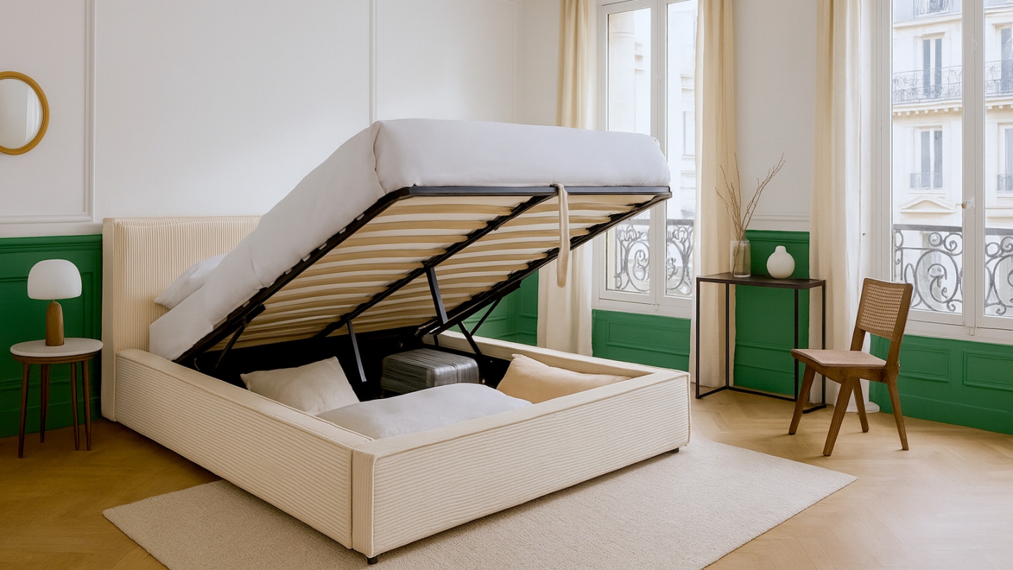 Lit coffre adulte 180x200 cm avec sommier et tête de lit matelassée en velours côtelé beige - Arno