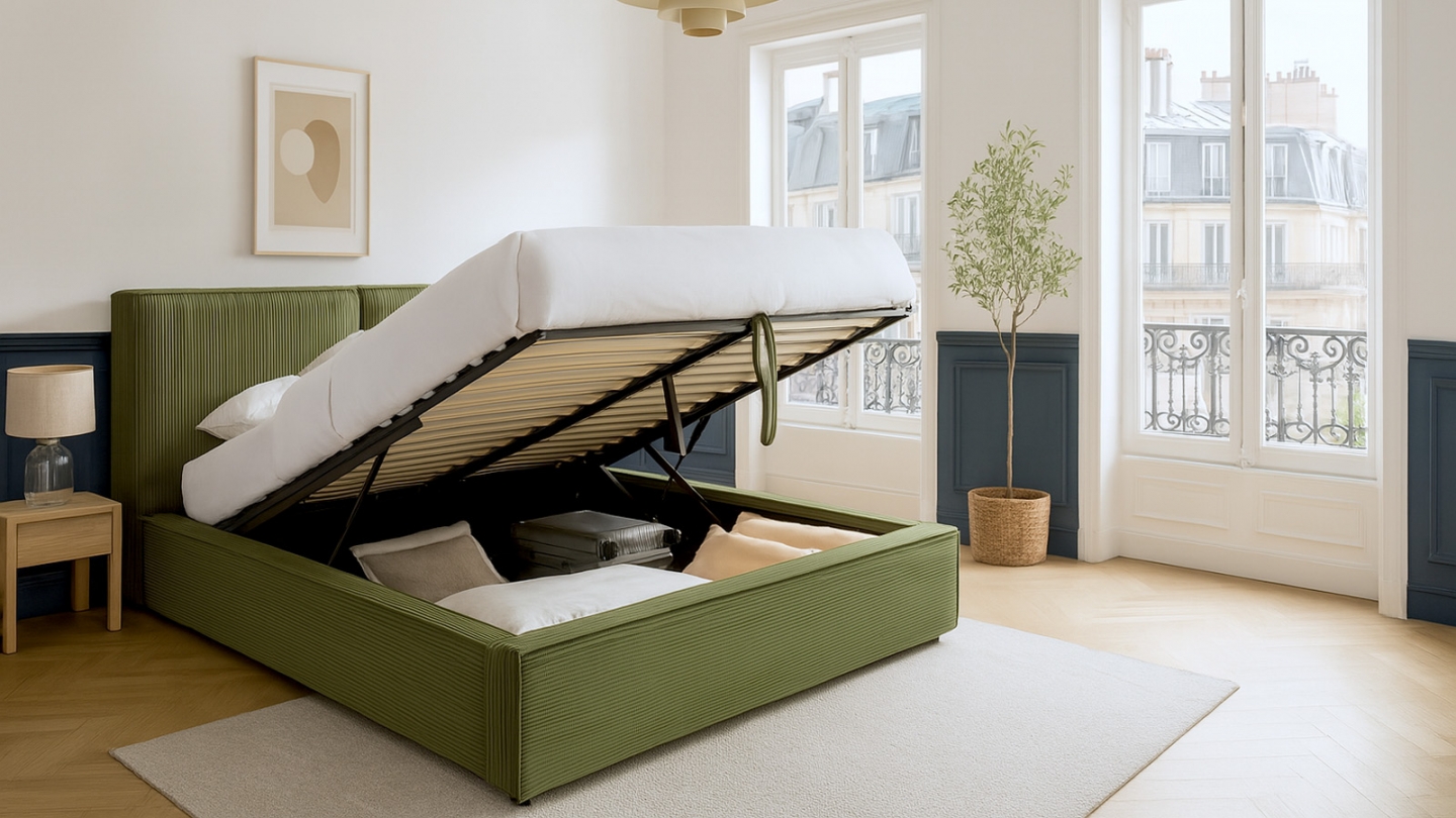 Lit coffre adulte 180x200 cm avec sommier et tête de lit matelassée en velours côtelé vert kaki - Arno