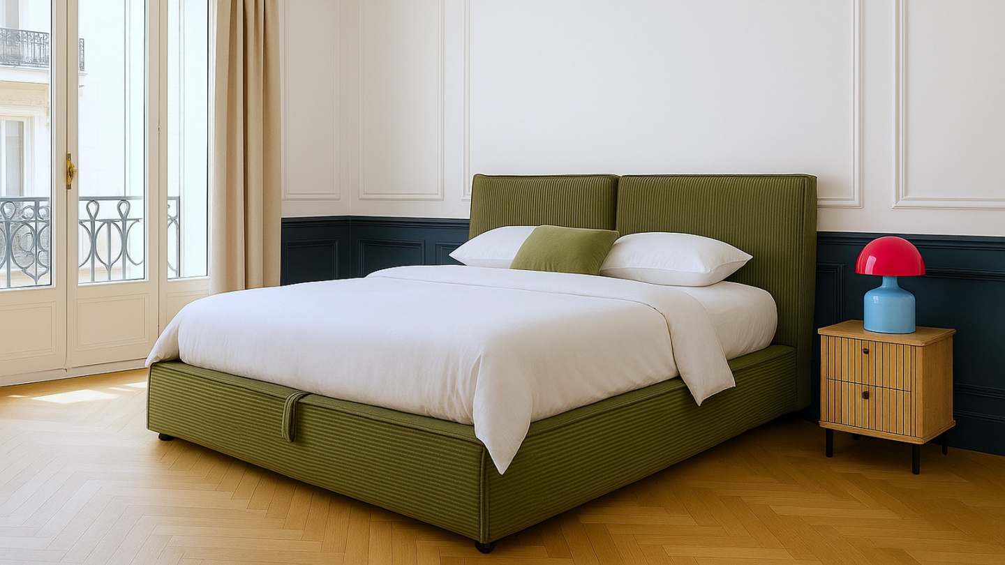 Lit coffre adulte 160x200 cm avec sommier et tête de lit matelassée en velours côtelé vert kaki - Arno