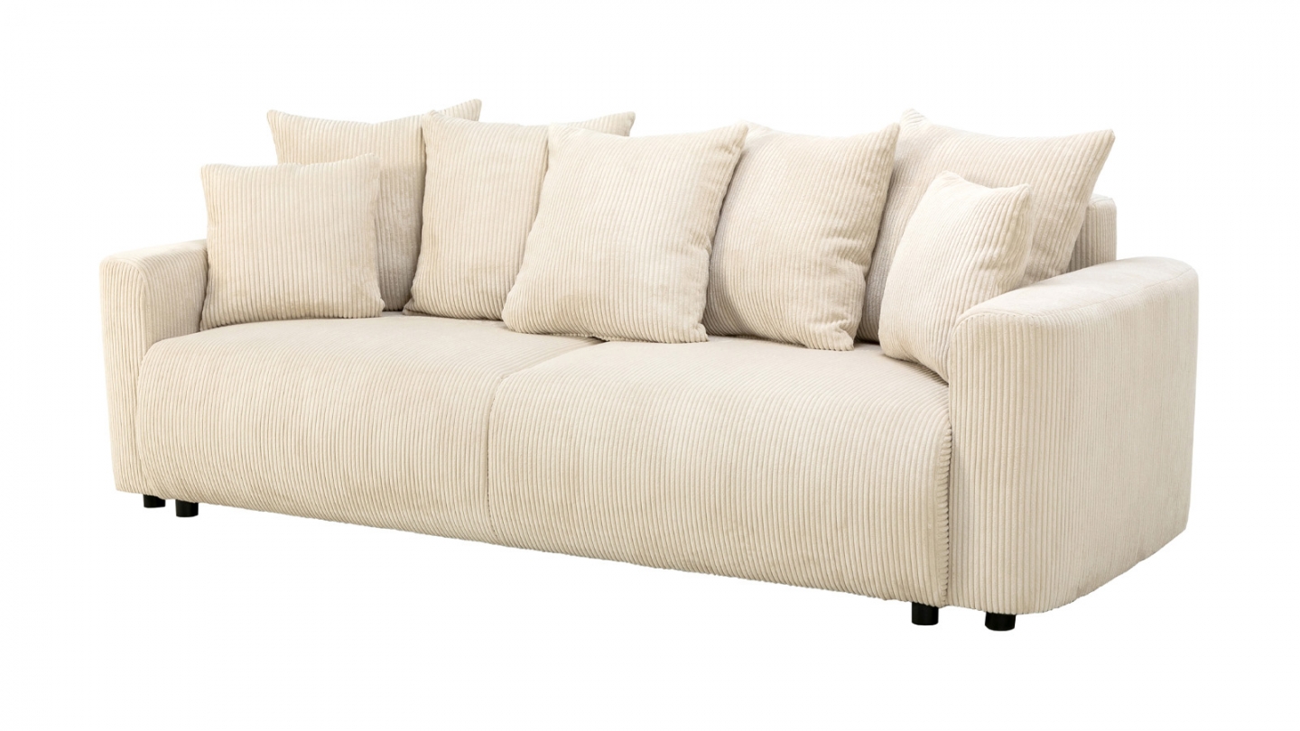 Canapé convertible 3 places en velours côtelé beige avec coffre de rangement - Uma