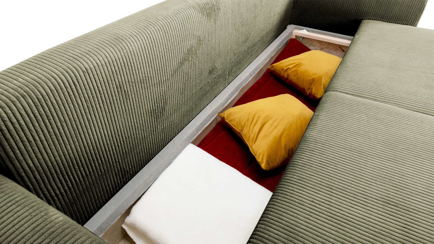 Canapé convertible 3 places en velours côtelé vert kaki avec coffre de rangement - Uma