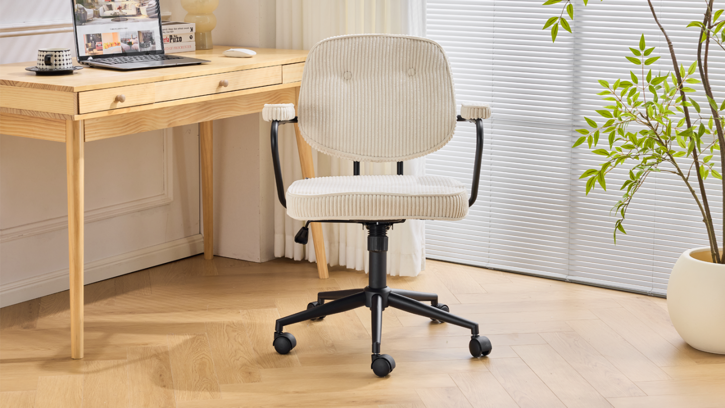 Fauteuil de bureau pivotant et réglable en hauteur en velours côtelé beige - Ann