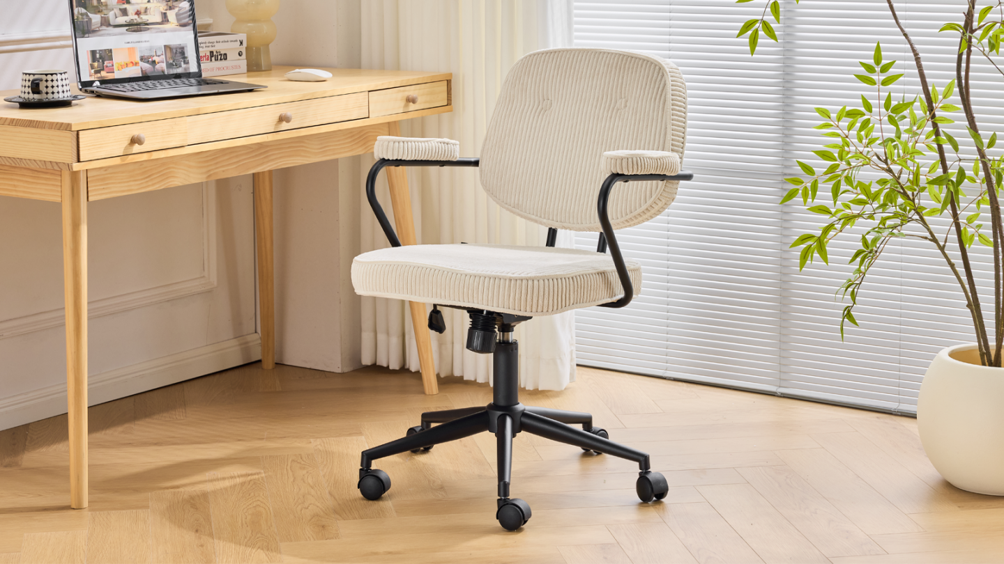 Fauteuil de bureau pivotant et réglable en hauteur en velours côtelé beige - Ann
