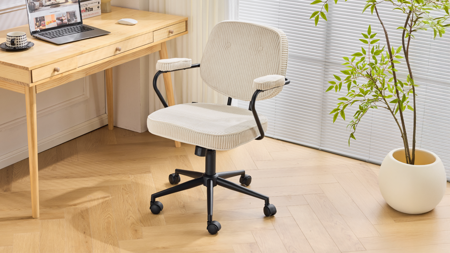 Fauteuil de bureau pivotant et réglable en hauteur en velours côtelé beige - Ann