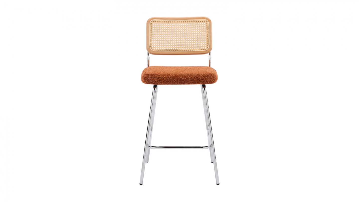 Lot de 2 chaises de bar en cannage et tissu bouclé rouille, piètement chromé - Muse