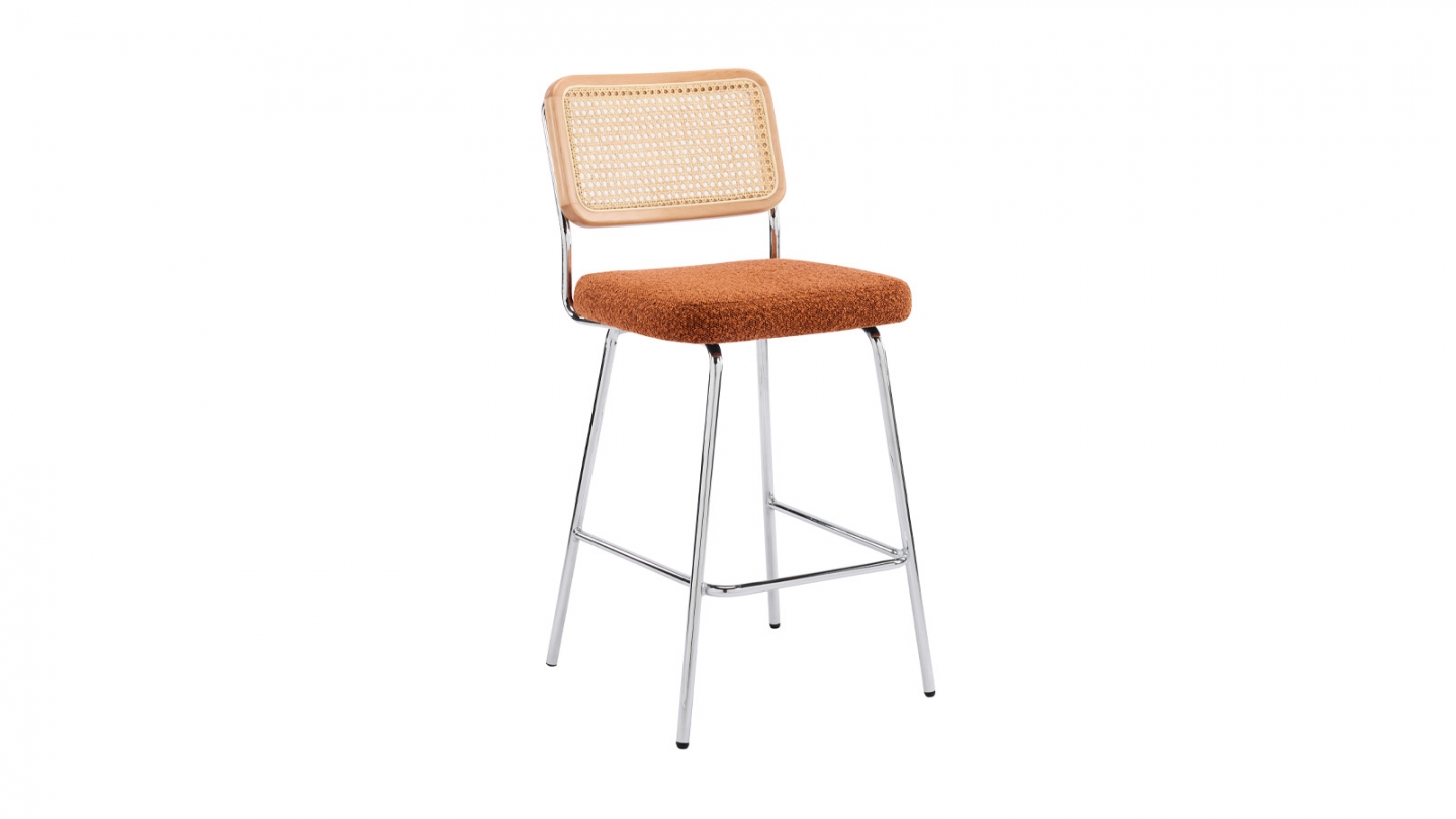 Lot de 2 chaises de bar en cannage et tissu bouclé rouille, piètement chromé - Muse