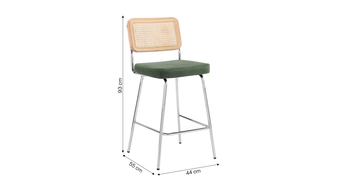 Lot de 2 chaises de bar en cannage et velours côtelé vert kaki, piètement chromé - Muse