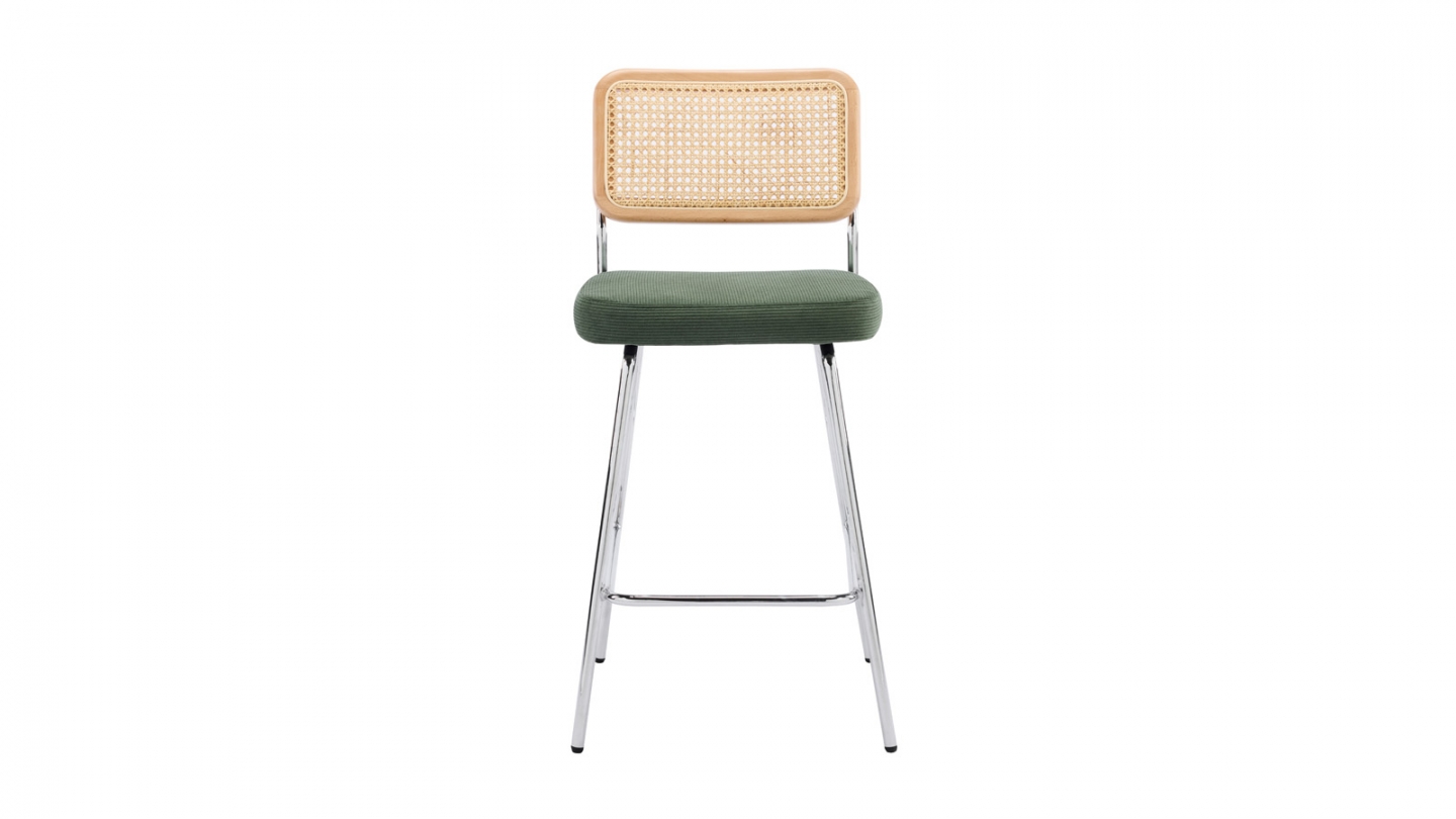Lot de 2 chaises de bar en cannage et velours côtelé vert kaki, piètement chromé - Muse