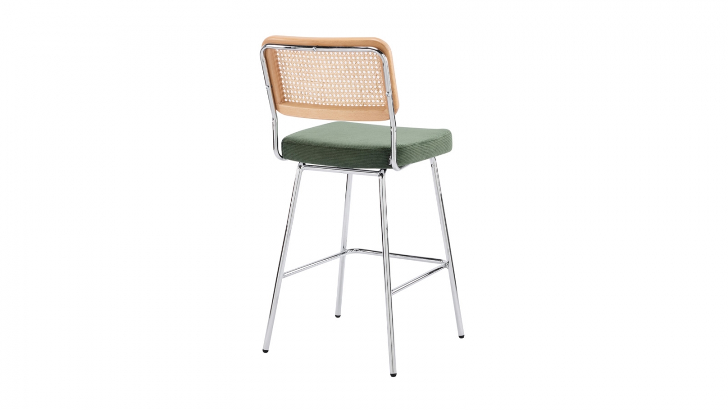 Lot de 2 chaises de bar en cannage et velours côtelé vert kaki, piètement chromé - Muse