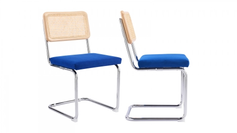 Lot de 2 chaises en cannage velours côtelé bleu électrique et métal chromé - Muse