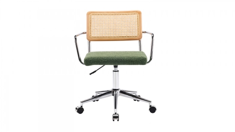 Fauteuil de bureau pivotant et réglable en hauteur en tissu bouclé vert et cannage - Julian