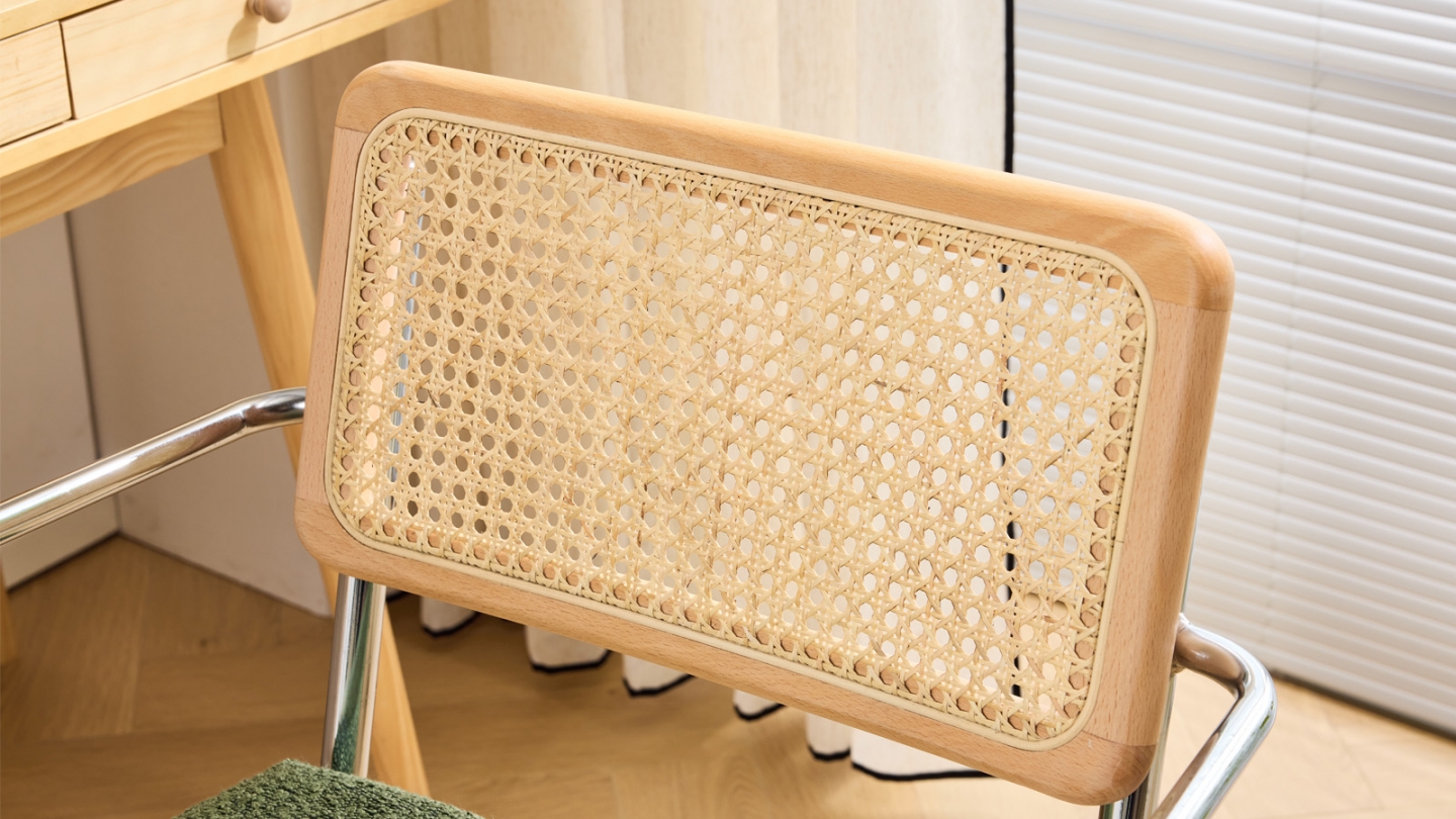Fauteuil de bureau pivotant et réglable en hauteur en tissu bouclé vert et cannage - Julian