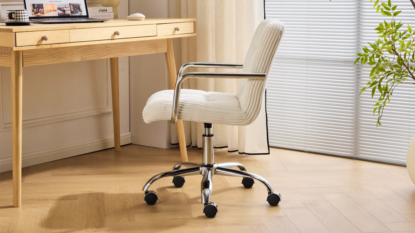 Fauteuil de bureau pivotant et réglable en hauteur en velours côtelé beige - Nolan