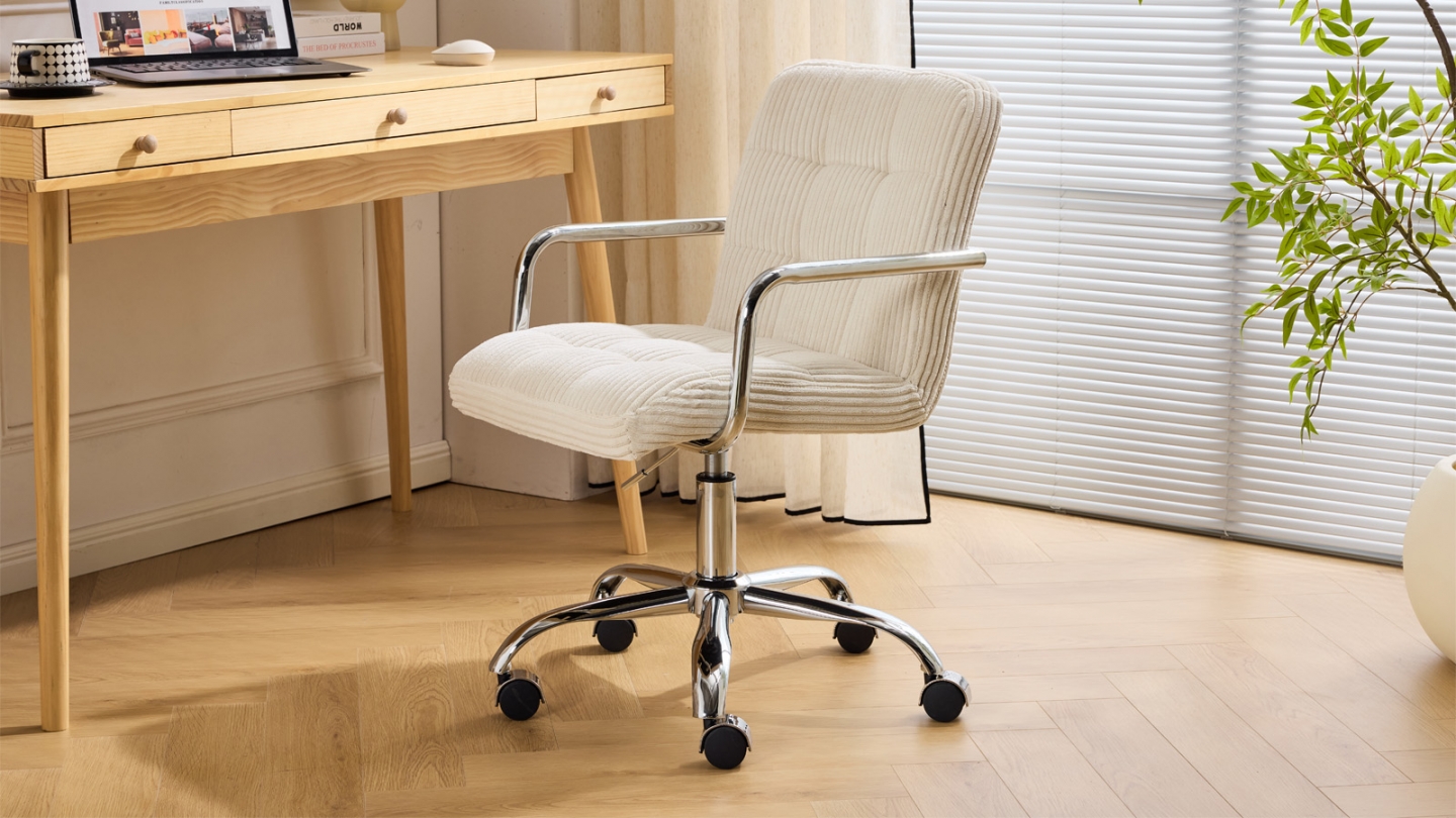 Fauteuil de bureau pivotant et réglable en hauteur en velours côtelé beige - Nolan