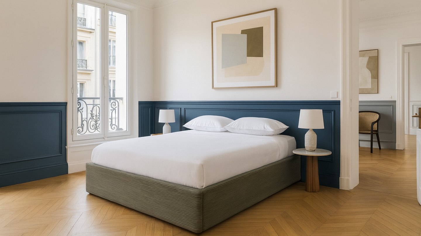 Lit coffre adulte 140x190 cm en velours côtelé vert avec sommier - Handy