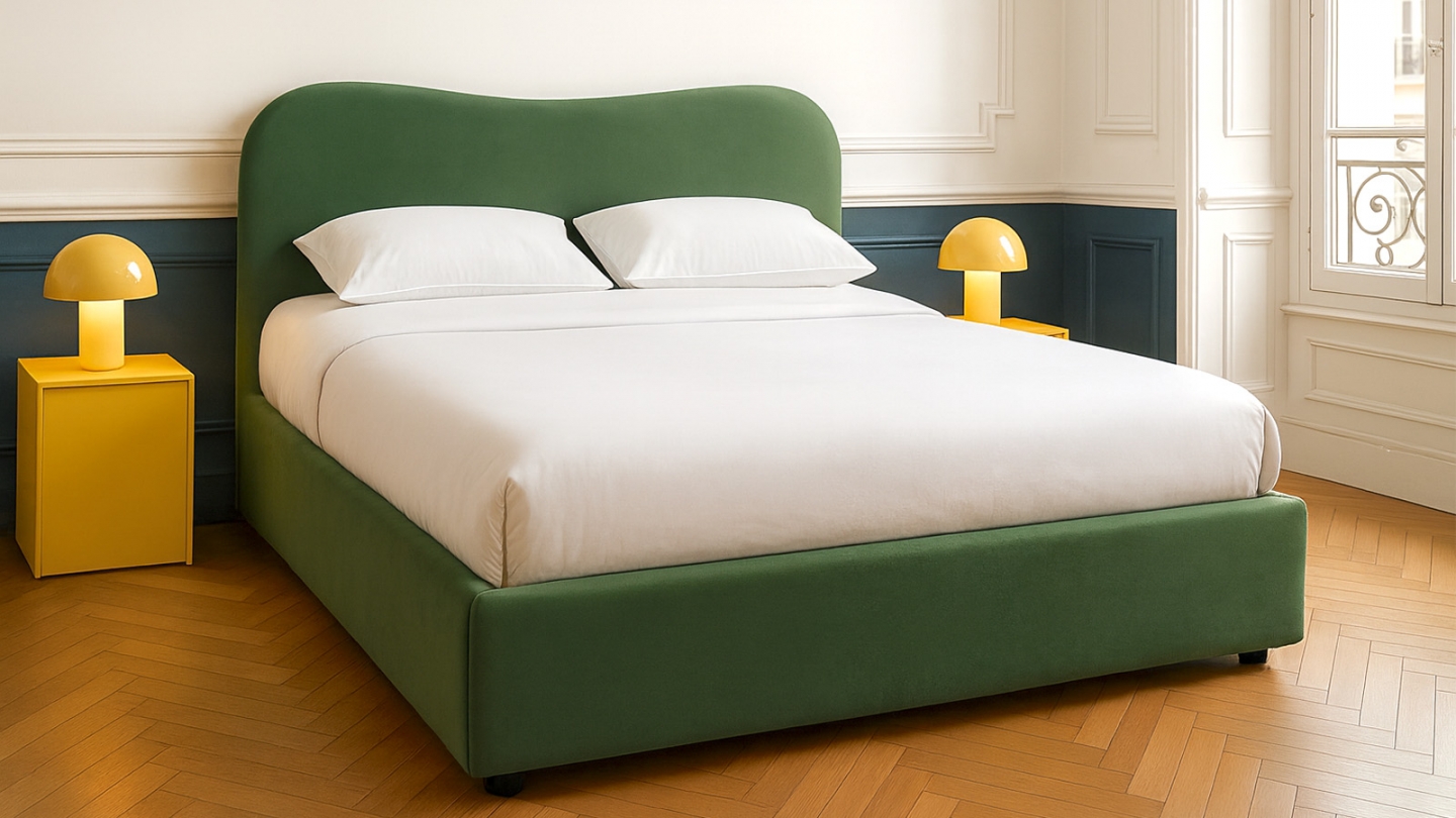 Lit coffre adulte 160x200 cm avec tête le lit matelassée en velours vert clair - Suzon