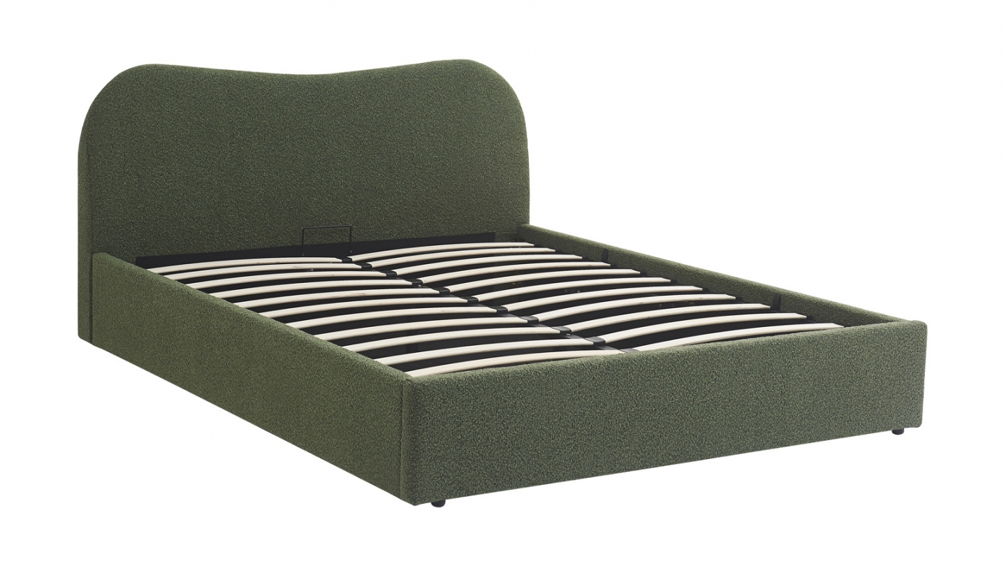 Lit coffre adulte 140x190 cm avec tête de lit matelassée en tissu bouclé vert - Suzon