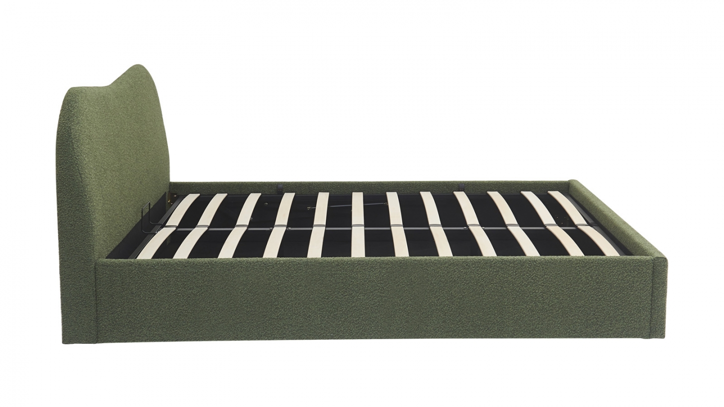 Lit coffre adulte 140x190 cm avec tête de lit matelassée en tissu bouclé vert - Suzon