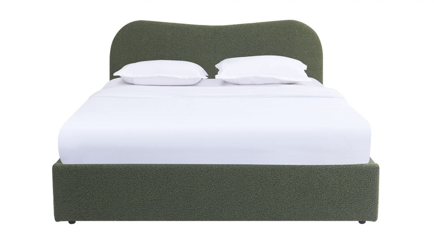 Lit coffre adulte 140x190 cm avec tête de lit matelassée en tissu bouclé vert - Suzon