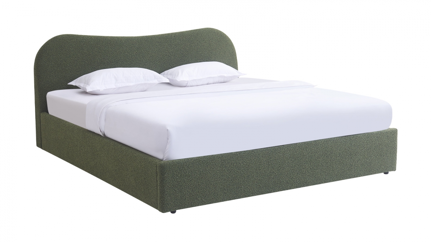 Lit coffre adulte 180x200 cm avec tête de lit matelassée en tissu bouclé vert - Suzon