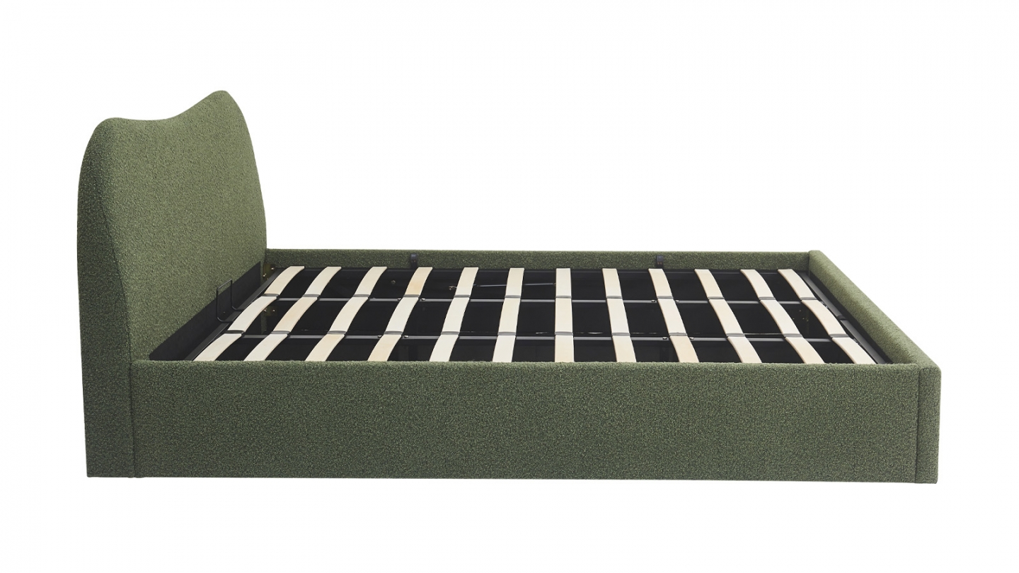Lit coffre adulte 180x200 cm avec tête de lit matelassée en tissu bouclé vert - Suzon