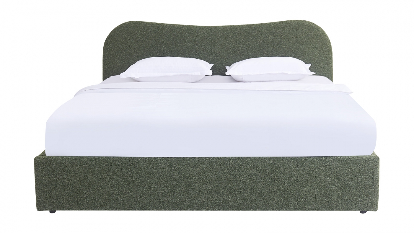 Lit coffre adulte 180x200 cm avec tête de lit matelassée en tissu bouclé vert - Suzon