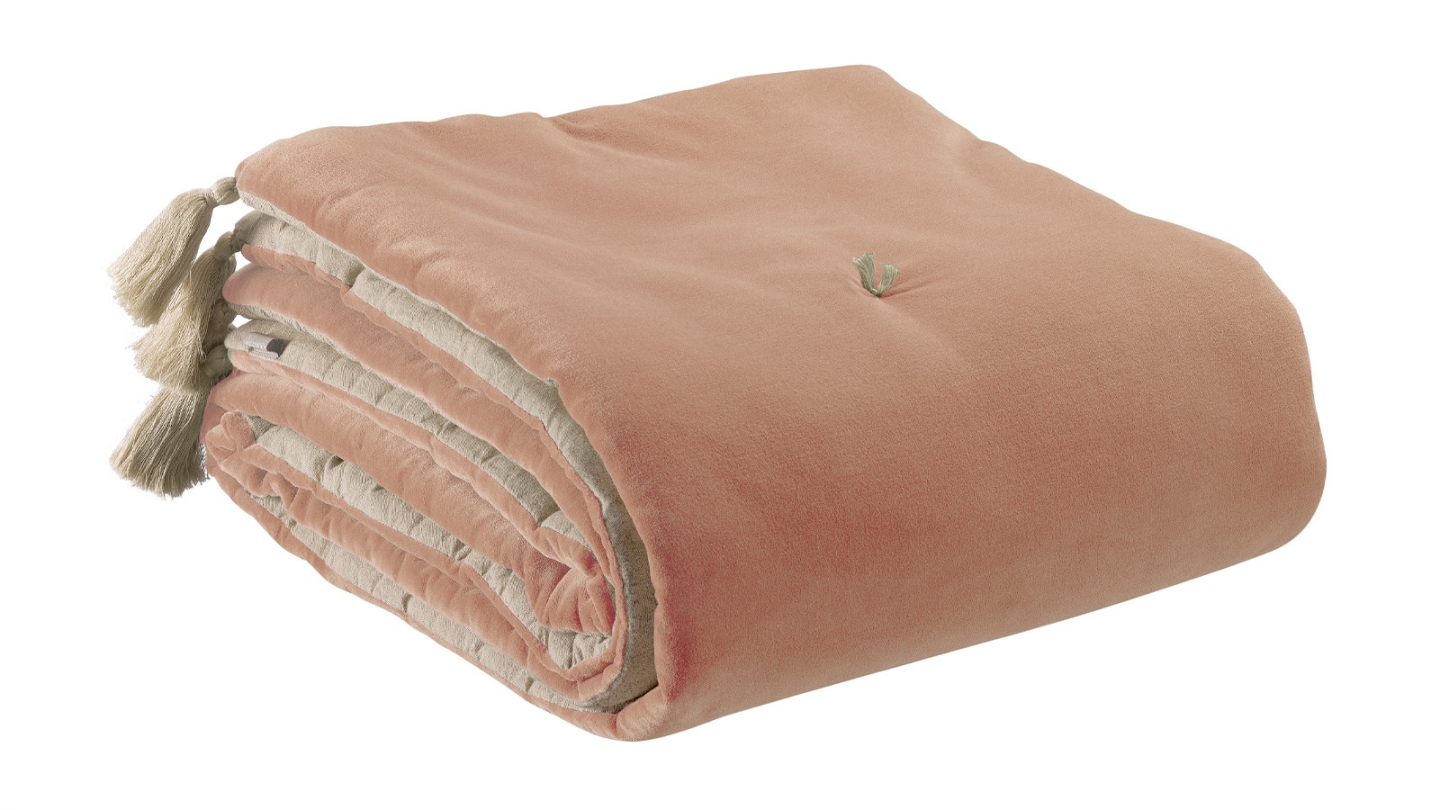 Edredon en velours Rose avec pompons 80x180 cm - Elise