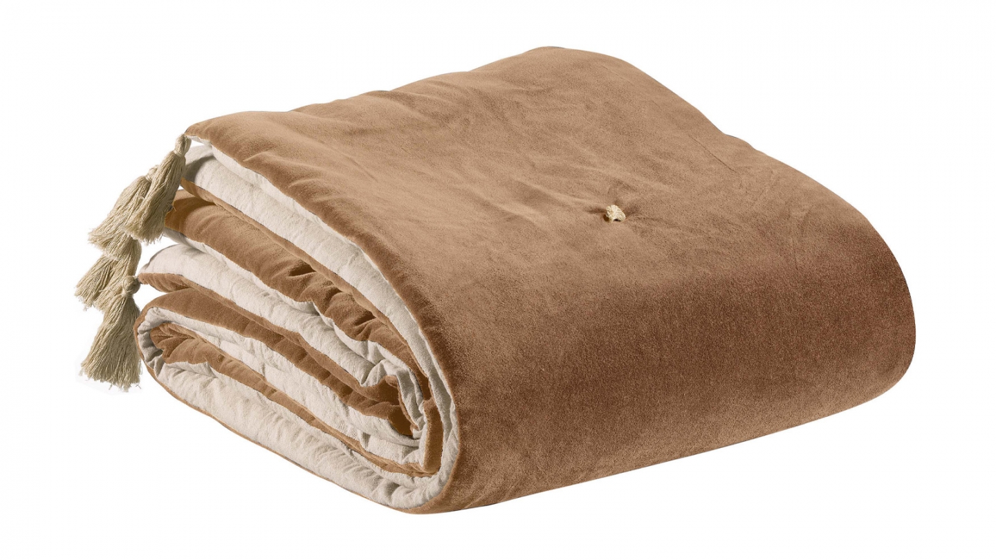 Edredon en velours Beige avec pompons 80x180 cm - Elise