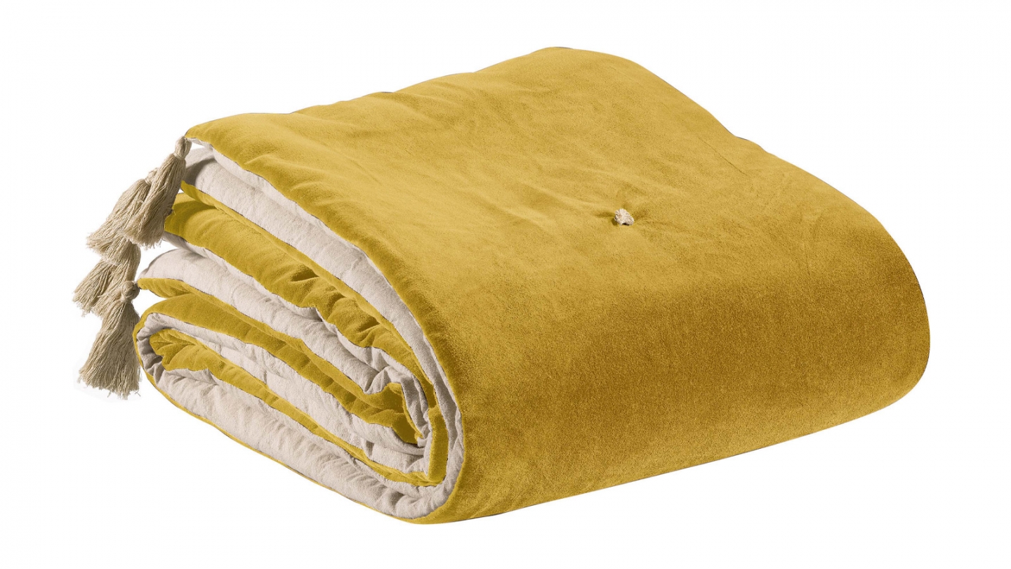 Edredon en velours Jaune avec pompons 80x180 cm - Elise
